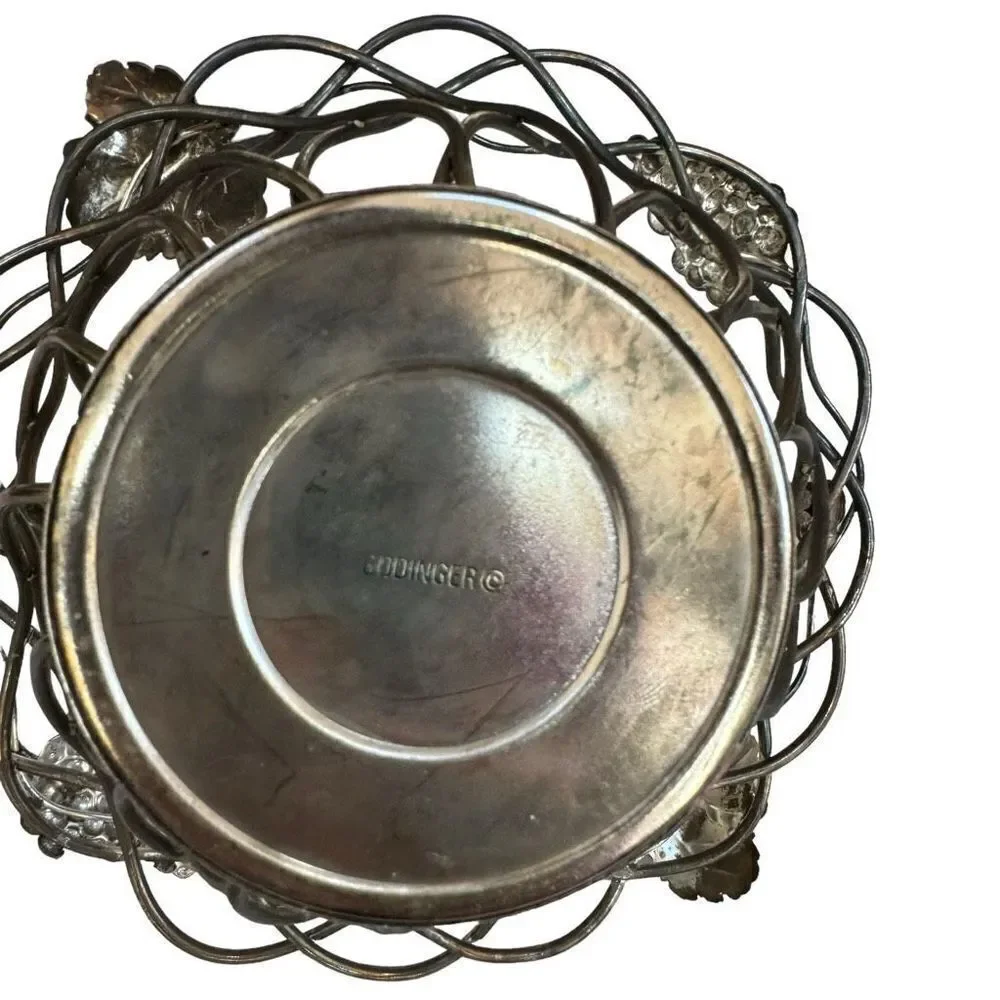 Godinger Silver Plate Open Weave Fruit Bread Bowl Movable Handle Vintage Grapes